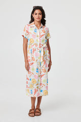 Abstract Tie Waist Midi Shirt Dress